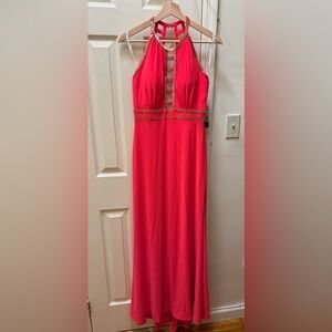 Elegant Coral Maxi Dress with Gold Accents